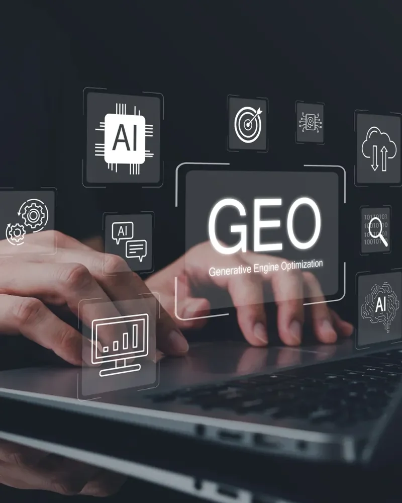 Amplified Audience AIO services. GEO logo with hand on keyboard.