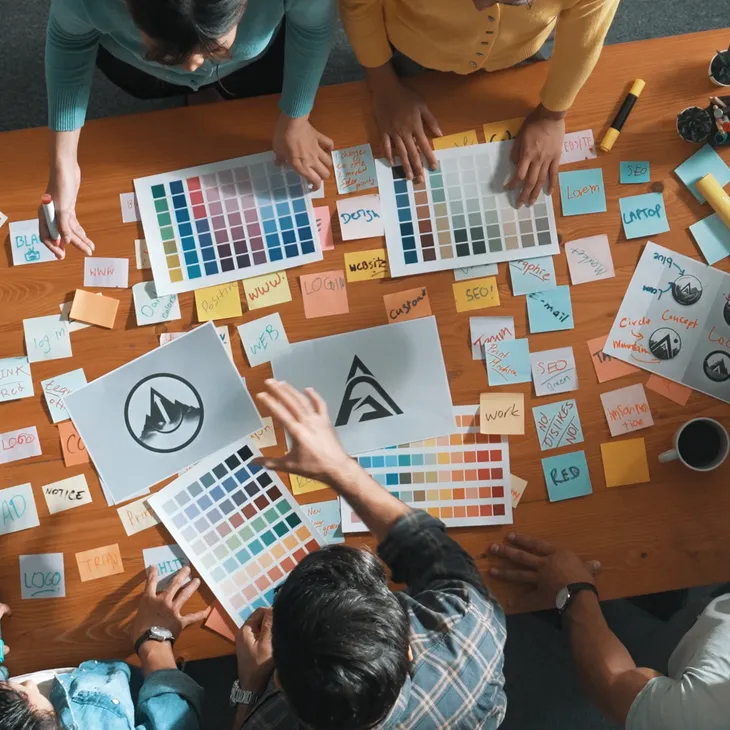 Photo of design work on table with team from above